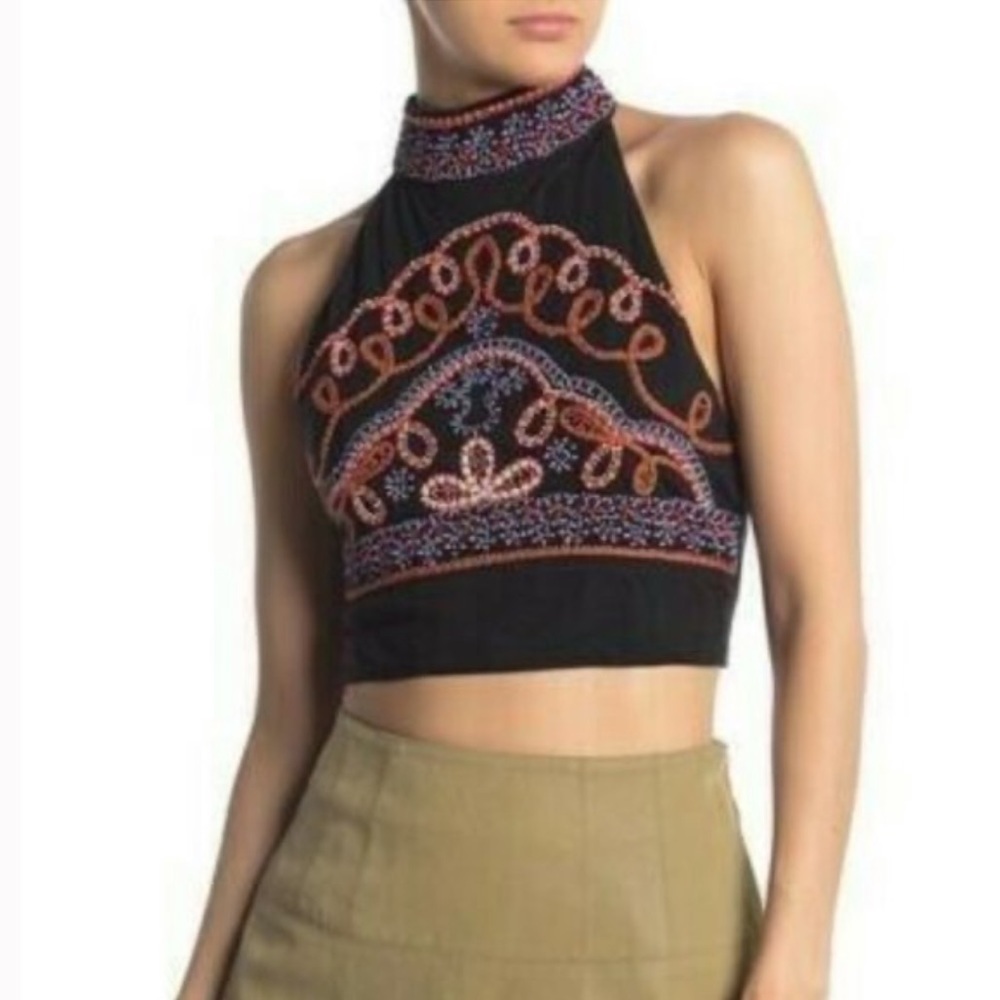 Free People GOA Embroidered Coachella Tank Black Combo M